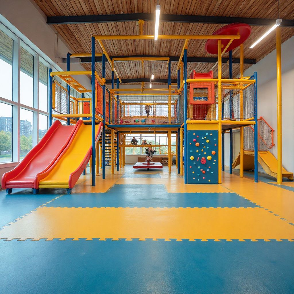 Modern indoor playground facility with colorful climbing structures and safety equipment