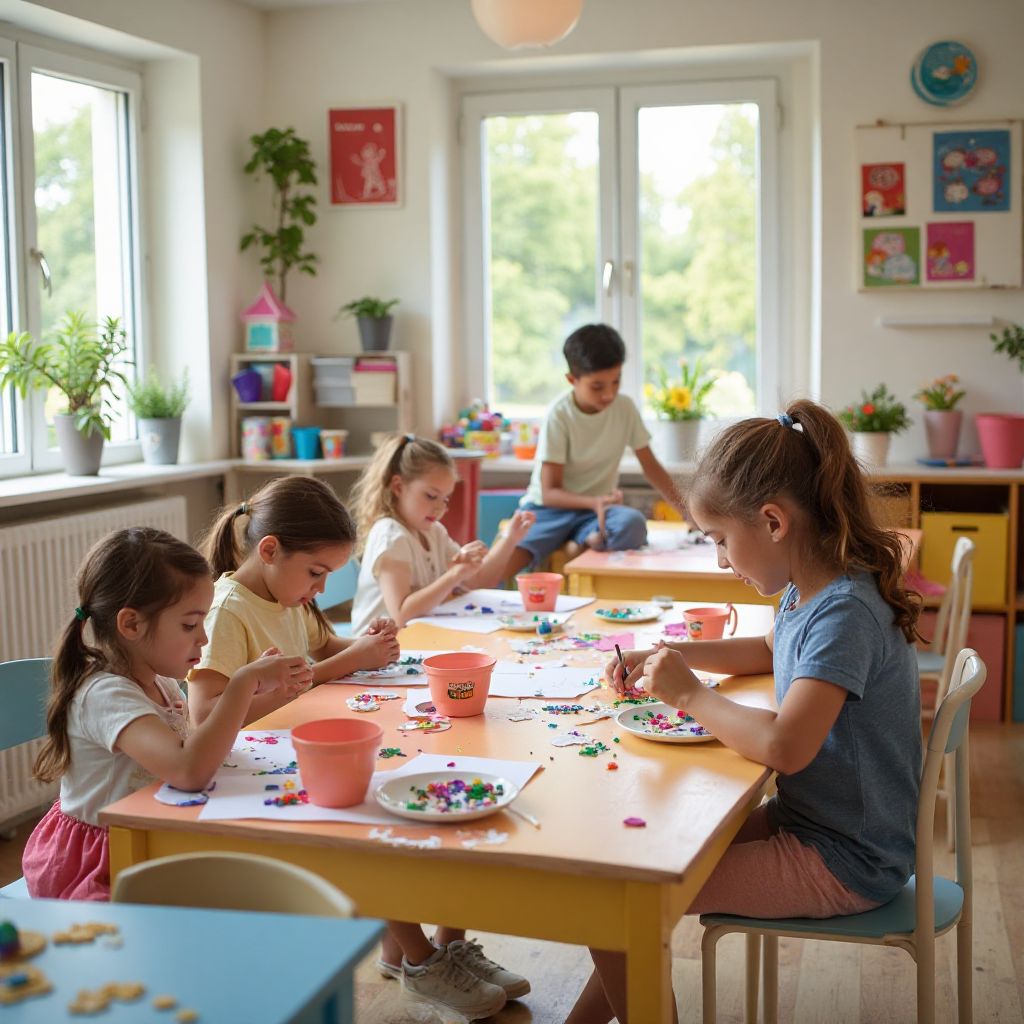 Creative workshop space with children engaged in arts and crafts activities