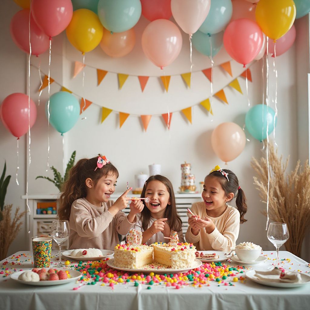 Birthday party celebration area with decorations and happy children