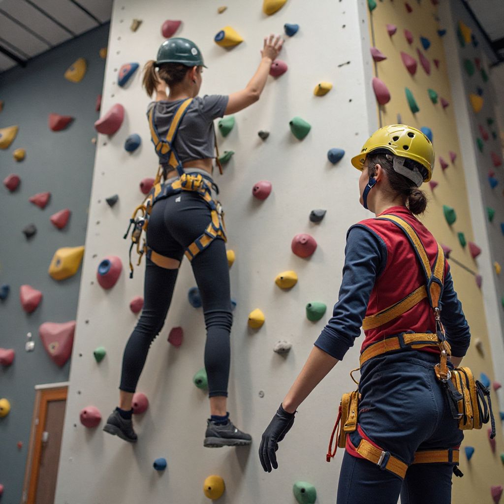 Safe climbing wall area with professional safety equipment and supervision